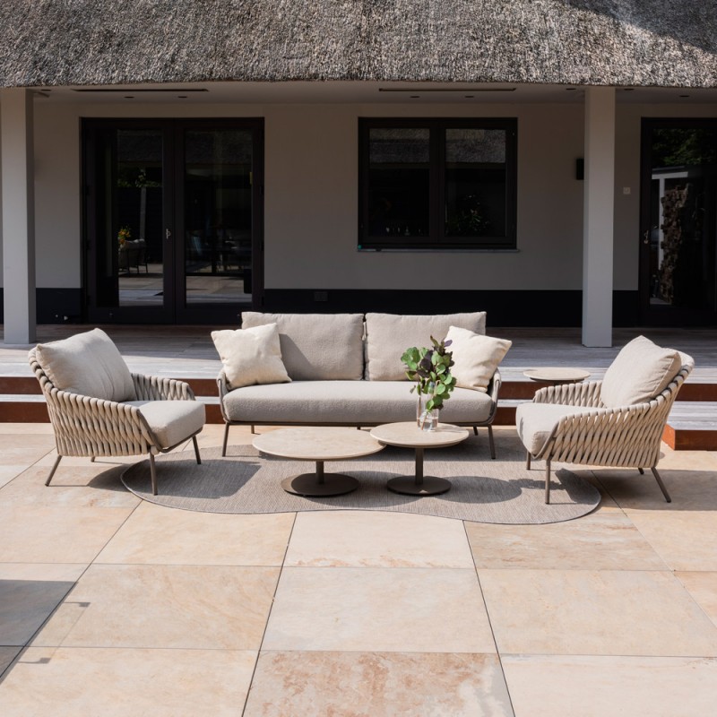 Salon de jardin MISTRAL 5 places cadre taupe aluminium avec duo de tables basses céramique