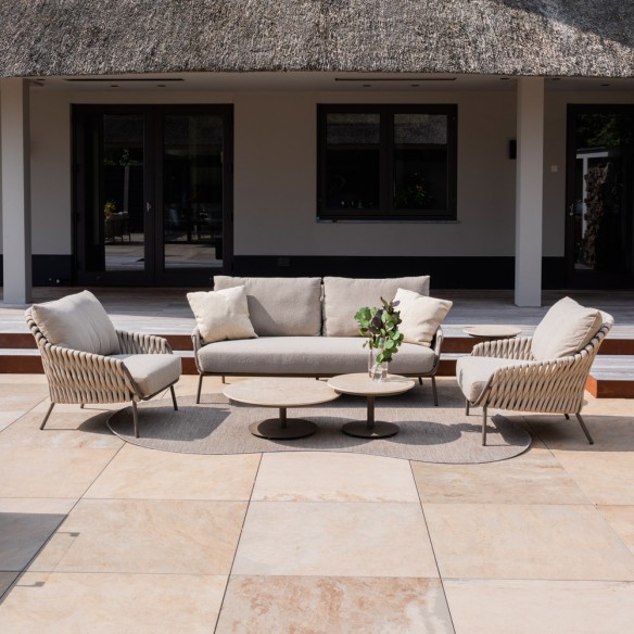 Salon de jardin MISTRAL 5 places cadre taupe aluminium avec duo de tables basses céramique
