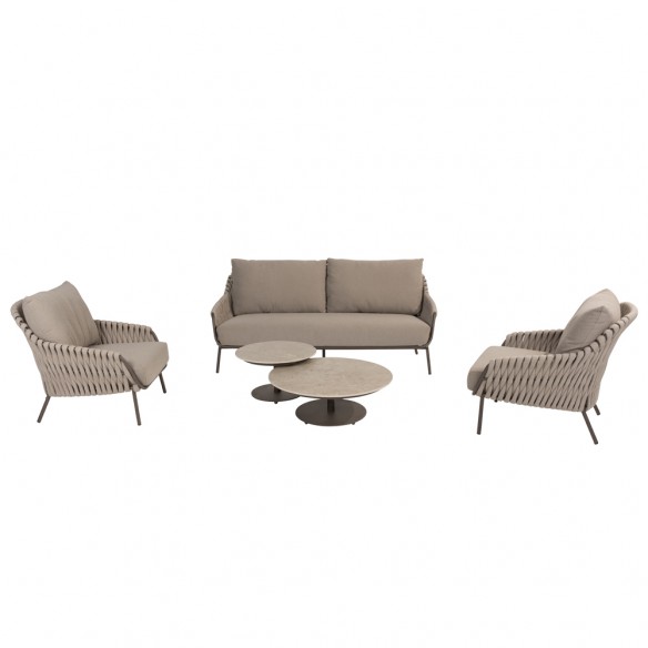 Salon de jardin MISTRAL 5 places cadre taupe aluminium avec duo de tables basses céramique