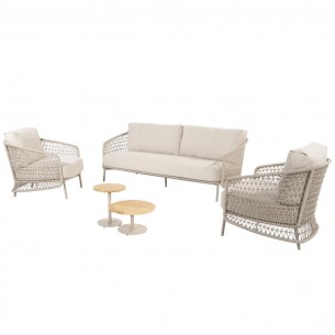 Salon de jardin PALOMA 5 places cadre aluminium avec table basse et d’appoint rondes en teck 2