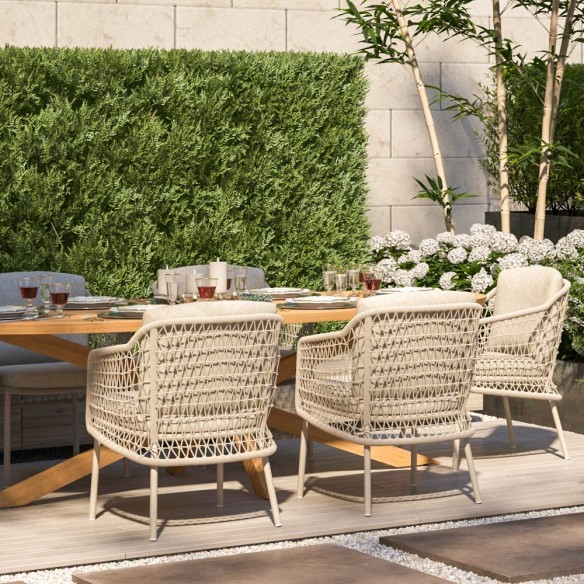 Outdoor Dining Set PETRA Round Table in Teak W240 with 6 PALOMA Taupe Chairs with Cream Beige Cushions