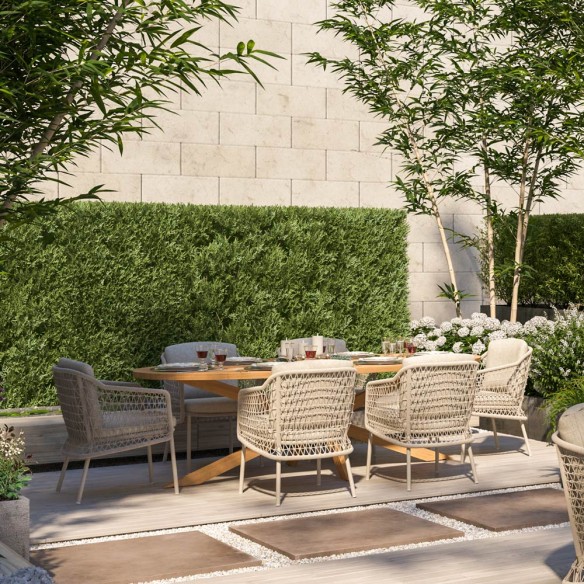 Ensemble Table de jardin ovale PETRA en teck L240 avec 6 chaises PALOMA coussin beige crème