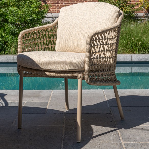 Outdoor Dining Set PETRA Round Table in Teak W240 with 6 PALOMA Taupe Chairs with Cream Beige Cushions