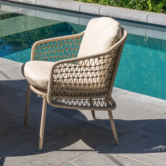 Outdoor Dining Set PETRA Round Table in Teak W240 with 6 PALOMA Taupe Chairs with Cream Beige Cushions