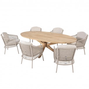 Outdoor Dining Set PETRA Round Table in Teak W240 with 6 PALOMA Taupe Chairs with Cream Beige Cushions 2