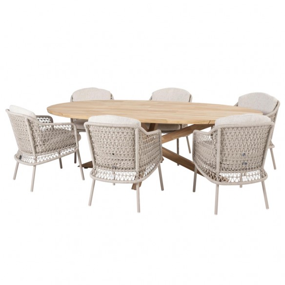 Outdoor Dining Set PETRA Round Table in Teak W240 with 6 PALOMA Taupe Chairs with Cream Beige Cushions
