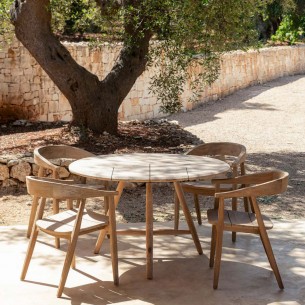 Table de jardin ronde FRESCO en teck recyclé gris naturel D120